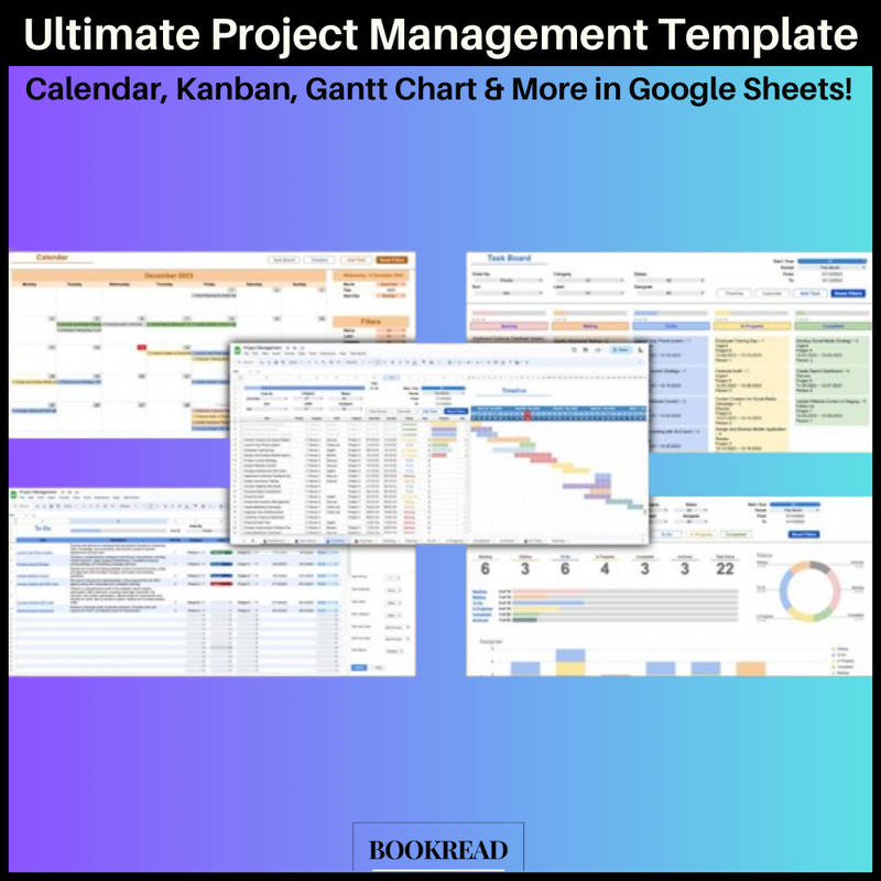 Project Management Template with Calendar, Kanban Board and Timeline Gantt Chart in Google Sheets | Team To-Do Task Tracker Spreadsheet