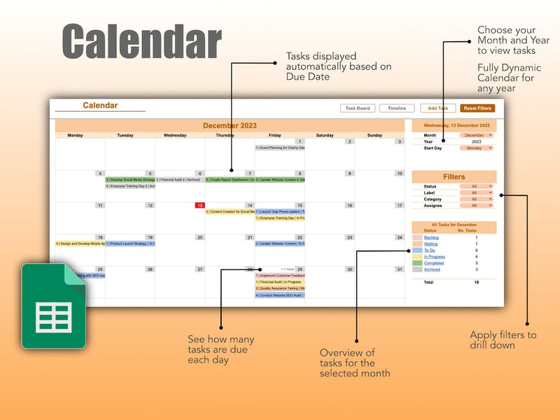 Project Management Template with Calendar, Kanban Board and Timeline Gantt Chart in Google Sheets | Team To-Do Task Tracker Spreadsheet