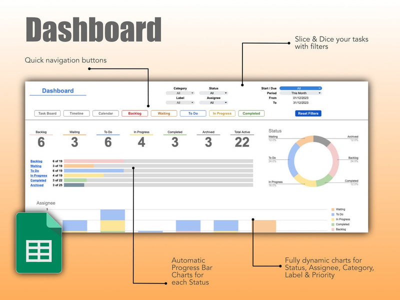 Project Management Template with Calendar, Kanban Board and Timeline Gantt Chart in Google Sheets | Team To-Do Task Tracker Spreadsheet