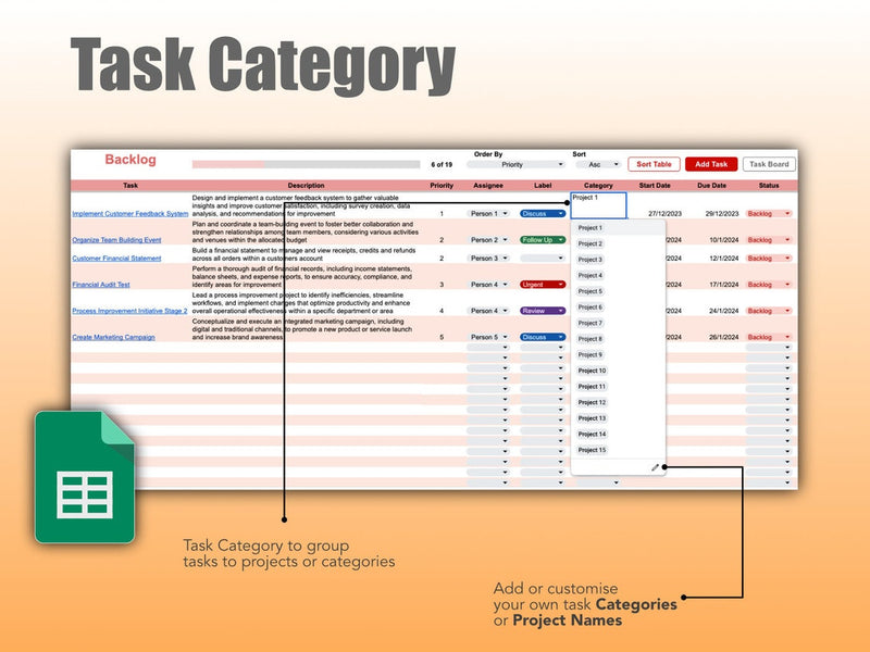 Project Management Template with Calendar, Kanban Board and Timeline Gantt Chart in Google Sheets | Team To-Do Task Tracker Spreadsheet