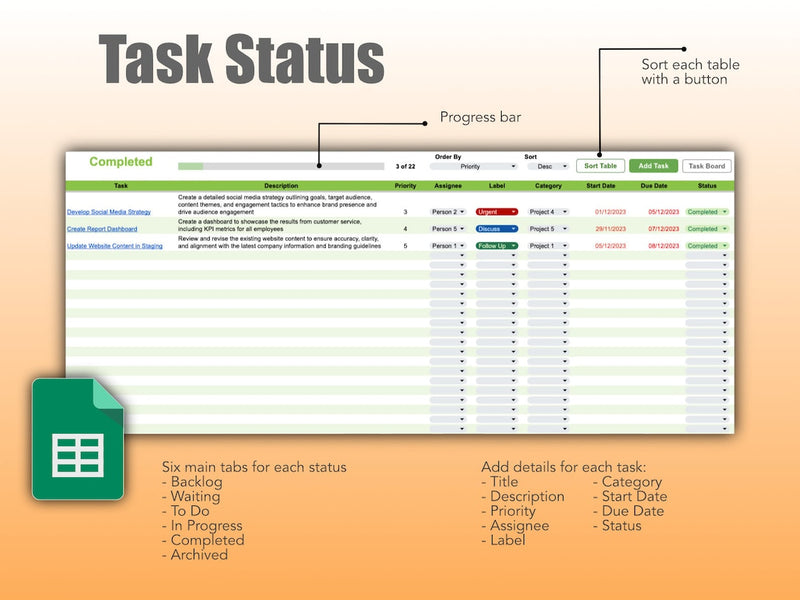 Project Management Template with Calendar, Kanban Board and Timeline Gantt Chart in Google Sheets | Team To-Do Task Tracker Spreadsheet