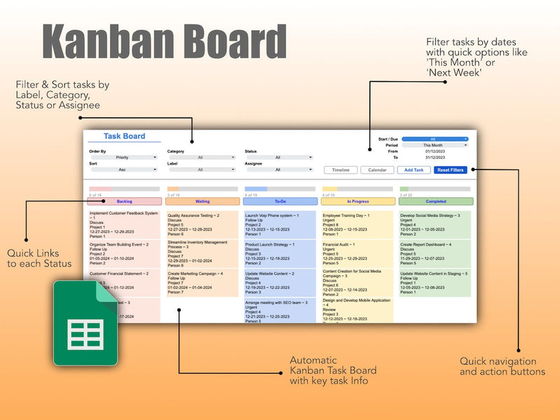 Project Management Template with Calendar, Kanban Board and Timeline Gantt Chart in Google Sheets | Team To-Do Task Tracker Spreadsheet