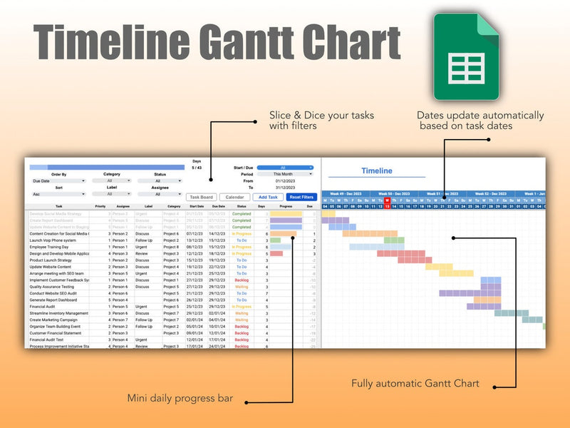 Project Management Template with Calendar, Kanban Board and Timeline Gantt Chart in Google Sheets | Team To-Do Task Tracker Spreadsheet