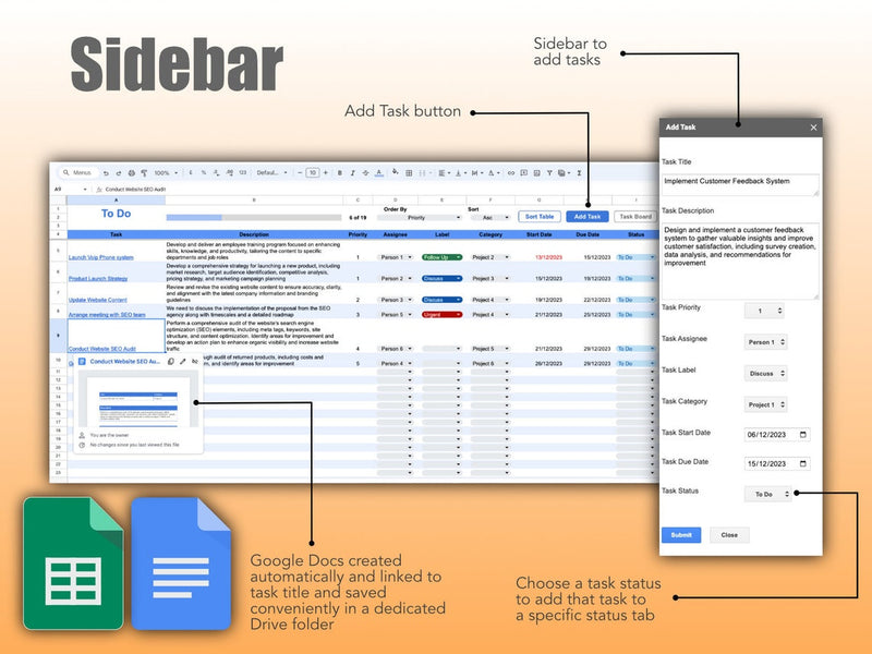 Project Management Template with Calendar, Kanban Board and Timeline Gantt Chart in Google Sheets | Team To-Do Task Tracker Spreadsheet