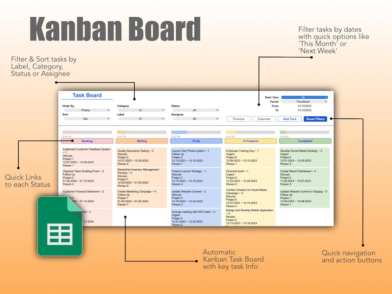 Effortless Task Management: Google Sheets Project Management Template with Calendar, Kanban Board, and Gantt Chart